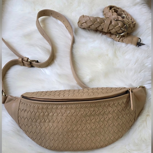 MANDRN BUNDLE Woven Atlas Tan Leather Fanny Pack Bag + Clip-on Carry StrapNWOT